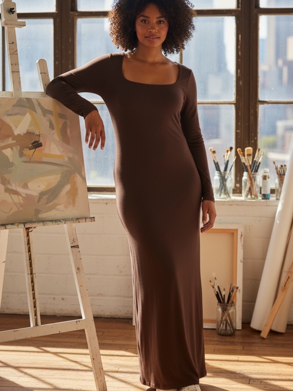 naked wardrobe Brown Long Sleeve Maxi Dress